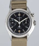 A GENTLEMAN'S STAINLESS STEEL BRITISH MILITARY LEMANIA SINGLE BUTTON RAF PILOTS CHRONOGRAPH WRIST