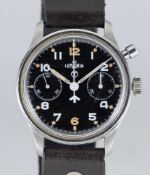A GENTLEMAN'S STAINLESS STEEL BRITISH MILITARY ROYAL NAVY LEMANIA SINGLE BUTTON CHRONOGRAPH WRIST