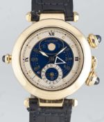 A RARE GENTLEMAN'S SIZE 18K SOLID GOLD CARTIER PASHA MOONPHASE CALENDAR ALARM WRIST WATCH CIRCA