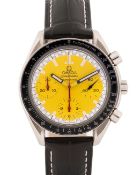 A GENTLEMAN'S SIZE STAINLESS STEEL OMEGA SPEEDMASTER SCHUMACHER AUTOMATIC CHRONOGRAPH WRIST WATCH