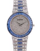 A FINE 18K SOLID WHITE GOLD, DIAMOND & SAPPHIRE DELANEAU BRACELET WATCH CIRCA 1990s WITH ORIGINAL
