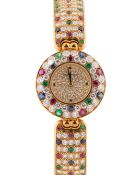 A FINE & RARE LADIES 18K SOLID GOLD, DIAMOND, EMERALD, RUBY & SAPPHIRE AUDEMARS PIGUET BRACELET