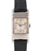 A GENTLEMAN'S SIZE SOLID SILVER RECTANGULAR OMEGA WRIST WATCH CIRCA 1930 Movement: 15J, manual wind,