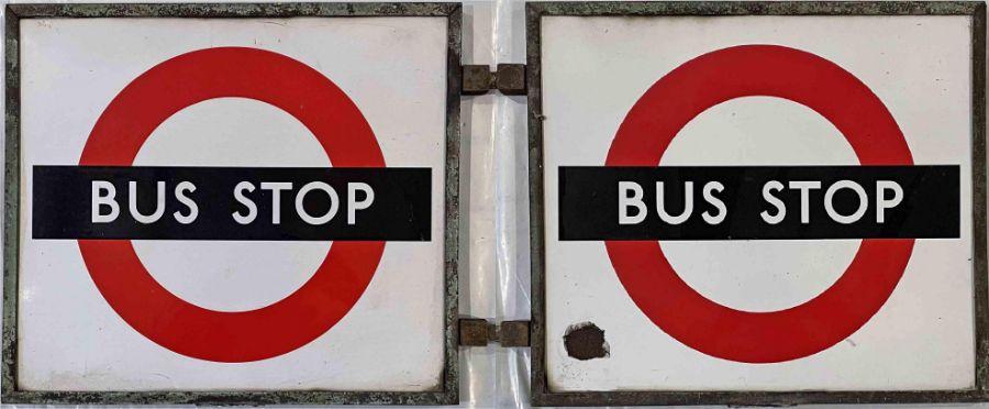 1940s/50s London Transport enamel BUS STOP FLAG, the 'compulsory' version. Double-sided with two