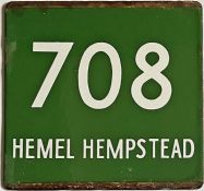 London Transport coach stop enamel E-PLATE for Green Line route 708 destinated Hemel Hempstead (