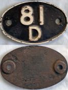 British Railways (Western Region) cast-iron LOCOMOTIVE SHEDPLATE 81D for Reading 1950-73 and sub-