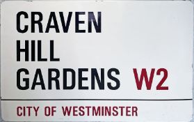 City of Westminster enamel STREET SIGN from Craven Hill Gardens, W2, a residential & hotels street