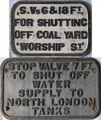 Pair of cast-iron STOP VALVE SIGNS, probably London & North Western Railway (they are L&NWR-pattern)