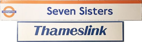 Pair of alloy STATION PLATFORM SIGNS comprising London Overground from Seven Sisters station (the