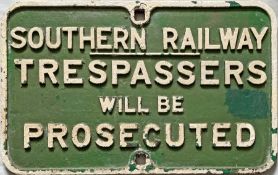 Southern Railway (LSWR pattern) cast-iron SIGN 'Trespassers will be prosecuted'. Size: 25