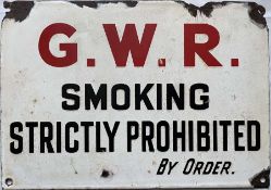 Great Western Railway (GWR) ENAMEL NOTICE 'Smoking Strictly Prohibited. By Order' in red and black