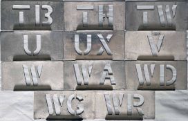 Quantity (11) of London Transport bus garage STENCIL PLATES comprising examples from TB (Bromley),