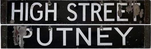 London Underground Q-Stock enamel DESTINATION PLATE for High Street [Kensington] / Putney on the