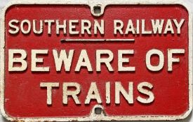 Southern Railway (LSWR pattern) cast-iron SIGN 'Beware of Trains'. Size: 26