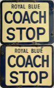 A 1950s/60s enamel COACH STOP FLAG 'Royal Blue'. A double-sided sign measuring 13