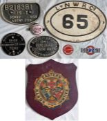 Selection (8) of Railway plates etc comprising cast-iron LNWR BRIDGE PLATE, 3 x cast-iron WAGON