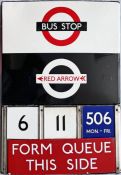 London Transport enamel BUS & RED ARROW STOP FLAG with 3 E-PLATES and G-PLATE 
