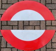 Pair of London Underground enamel 'HALF-MOONS' from platform bullseye or roundel signs. Each piece