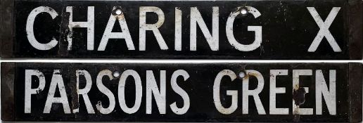 London Underground Q-Stock enamel CAB DESTINATION PLATE Charing X [Charing Cross]/Parsons Green on