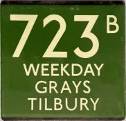 London Transport coach stop enamel E-PLATE for Green Line route 723B lettered 'Weekday' and