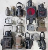 Quantity (14) of assorted RAILWAY LAMPS of various types including handlamps, Bardic lamps, a German