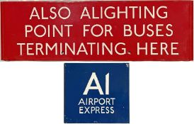 Pair of London Transport bus stop items comprising an enamel Q-PLATE 'Also Alighting Point for Buses