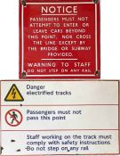 Pair of London Underground platform-end ENAMEL WARNING SIGNS, the first is the traditional 1930s/40s