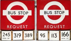 1950s/60s London Transport enamel BUS STOP FLAG (Request), an E3 version with runners and 6 E-PLATES