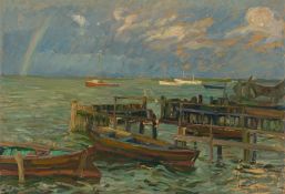 Otto Antoine. Little harbour by the Baltic Sea with rainbow.