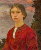Hans Unger. Miss Heinze in a red dress.