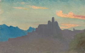Johann Heinrich Schilbach. Two oil studies: ”Bei Olevano (Sabiner Berge)” / Silhouette of an Ital….