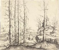 Augustin Hirschvogel. ”Flusslandschaft mit fünf kahlen Fichten im Vordergrund”. 1549