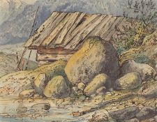 German, circa 1830. Fisherman's hut at a fjord.