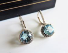 Sterling Silver 5ct Blue Topaz Halo Earrings New with Gift Box