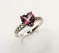 Sterling Silver Heart Shaped Pink Tourmaline Ring New with Gift Pouch