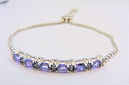Tanzanite & Diamond Slider Bar Bracelet in Sterling Silver New with Gift Box