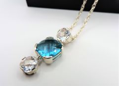 Sterling Silver 12.5 ct Blue and White Topaz Necklace New with Gift Box