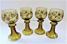 Set of Four Antique Bohemian Moser Enamelled Wine Glasses