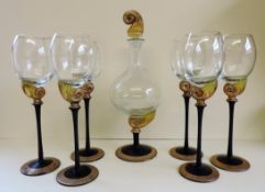 Vintage Venetian Hand Made Glass & Gold Leaf Wine Goblets & Decanter