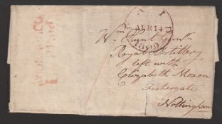 G.B. - Military 1807-09 Entire letters (edge faults) sent from Woolwich to Elizabeth Moxon in Nottin