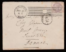 G.B. - Machines 1886 (Nov 25) Cover to France bearing 2.1/2d lilac tied by Ethridge machine cancel