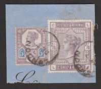 Great Britain - Surface Printed 1883-84 2s 6d deep lilac and 1887 5d (short perfs at top) tied to sm