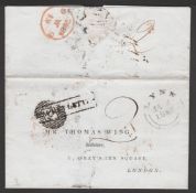 G.B. - Ship Letters - London 1845 Entire Letter from Lynn to London, posted unpaid and charged 2d.