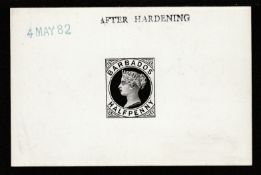BARBADOS 1882 1/2d Postcard stamp Die Proof on white glazed card stamped 