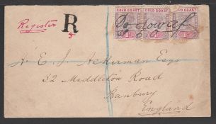 GOLD COAST 1901 Registered cover to England bearing QV 1d pair and a single (faults) cancelled by...