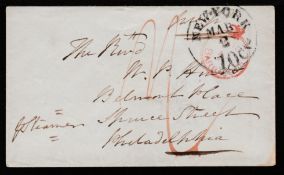 BARBADOS 1857 Envelope addressed to Philadelphia, bearing a good strike of the crowned circle 