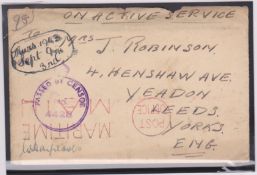 FALKLAND ISLANDS 1943 Stampless O.A.S. cover (flap missing) to England with violet 