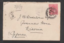 CYPRUS 1909 Cover from G.B to Government House in Nicosia with superb 
