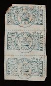 G.B. REVENUES 1785 3d Blue-green Glove Duty revenues in a vertical strip of three (minor stainin...