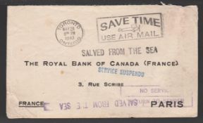 WRECK MAIL / WORLD WAR TWO 1940 (May 28) Cover from Canada to France, recovered from S.S 